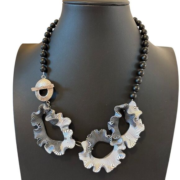 One Of A Kind Black & White Polymer Clay & SS Statement Necklace. - Picture 1 of 6